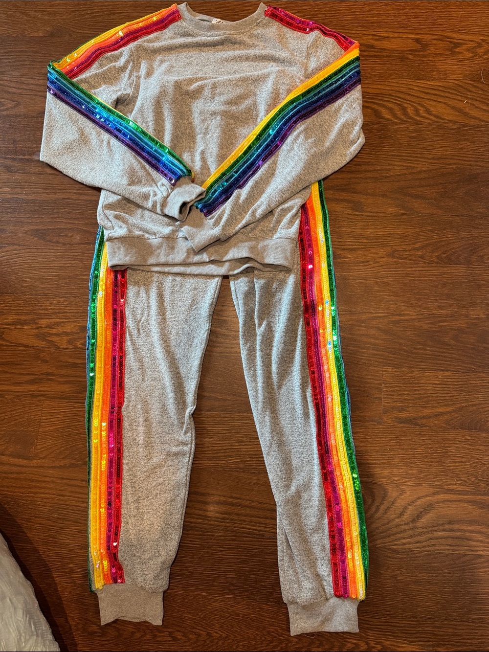 Lola + The Boys Gray Jogger Set with Rainbow Sequin Stripes